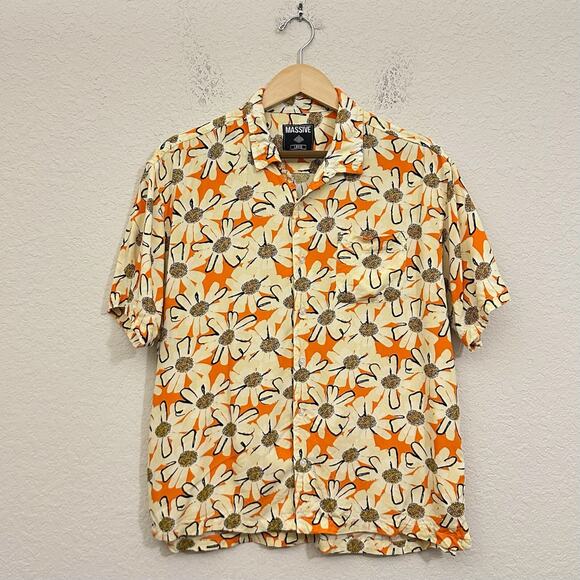 MASSIVE Daisy Shirt Orange Cream Floral Button Up Short Sleeve Hawaiian - Picture 1 of 8